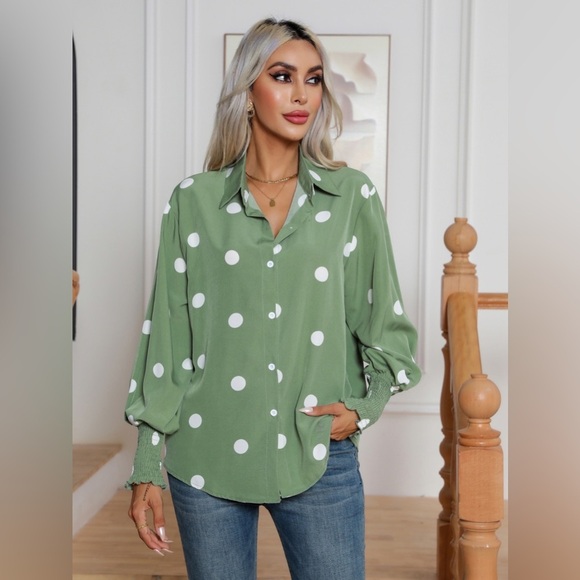 Polka Dot Collared Neck Buttoned Lantern Sleeve Shirt - Picture 1 of 4